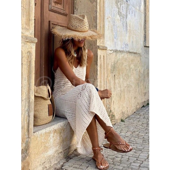 Hollow out Crochet Coverup Beige Summer Dress - Picture 2 of 9